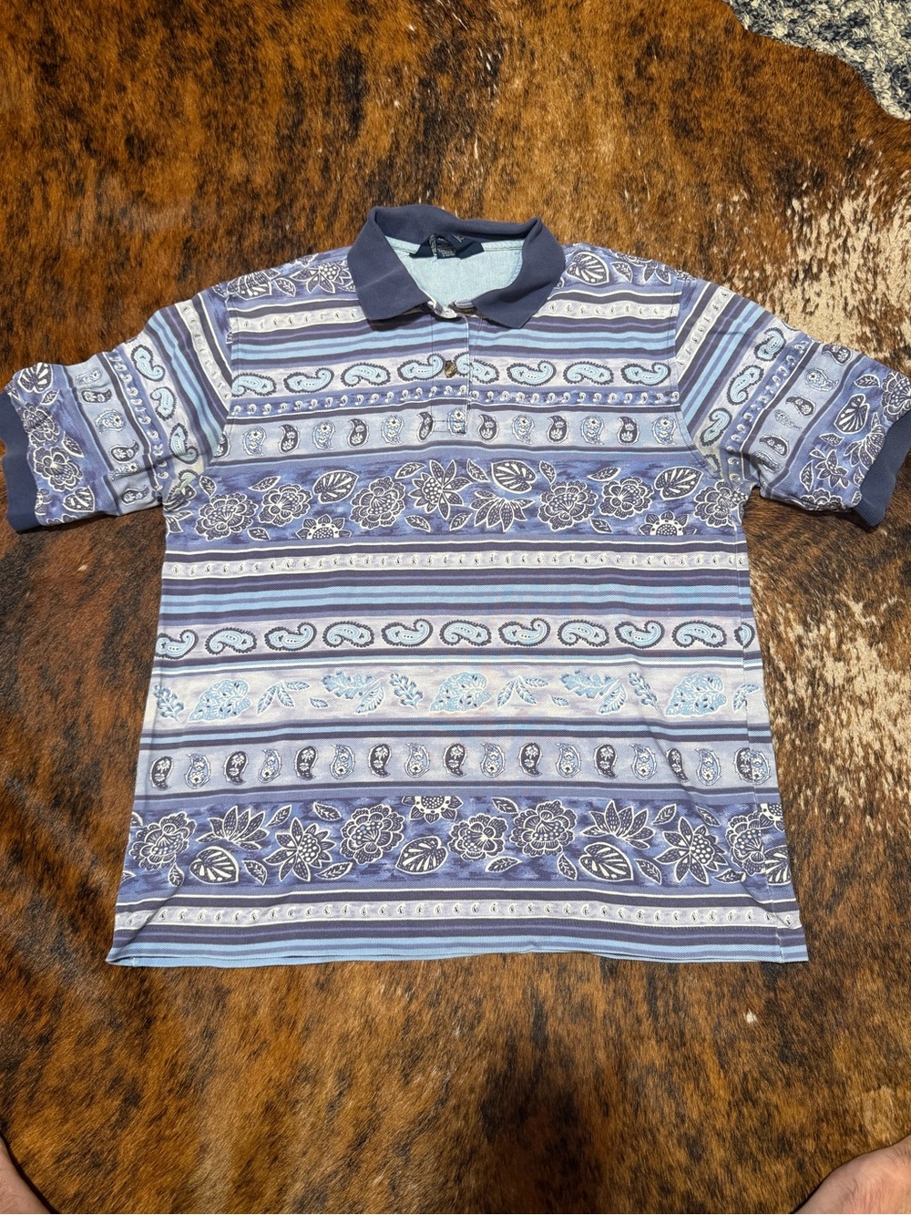 Vintage 90s LANDS END Polo Shirt WOMENS M Blue Paisley Stripe Floral Mom USA